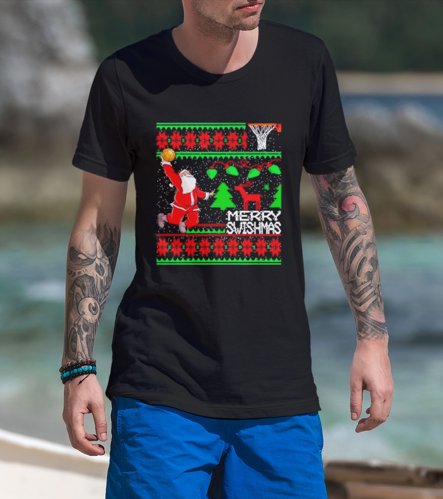 Santa Claus Dunking Basketball Ugly Christmas Sweater Merry Swishmas T-Shirt