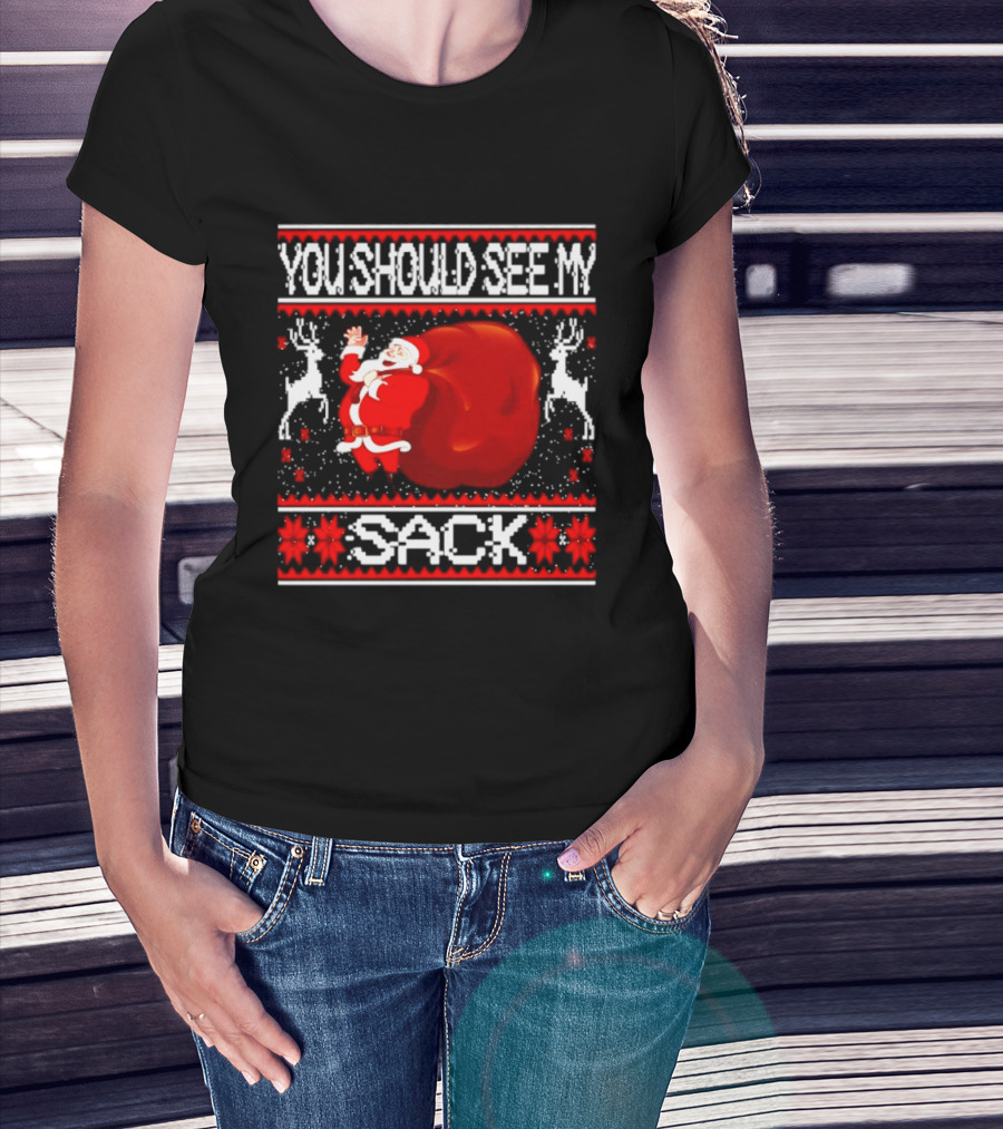 You Should See My Sack Santa Claus Ugly Christmas Reindeer Snowflakes T-Shirt