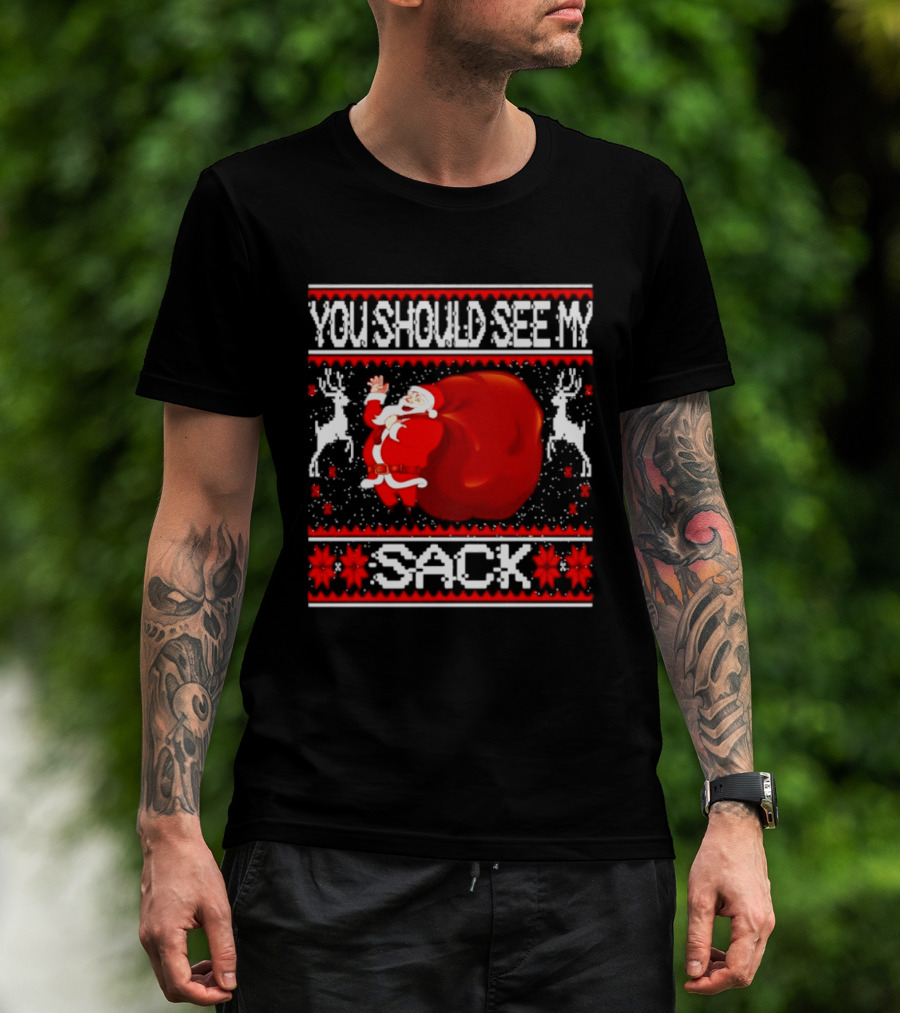 You Should See My Sack Santa Claus Ugly Christmas Reindeer Snowflakes T-Shirt