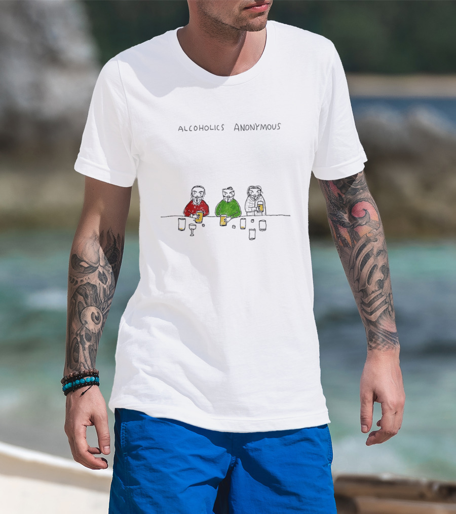 Alcoholics Anonymous Humor Three Characters With Drinks T-Shirt