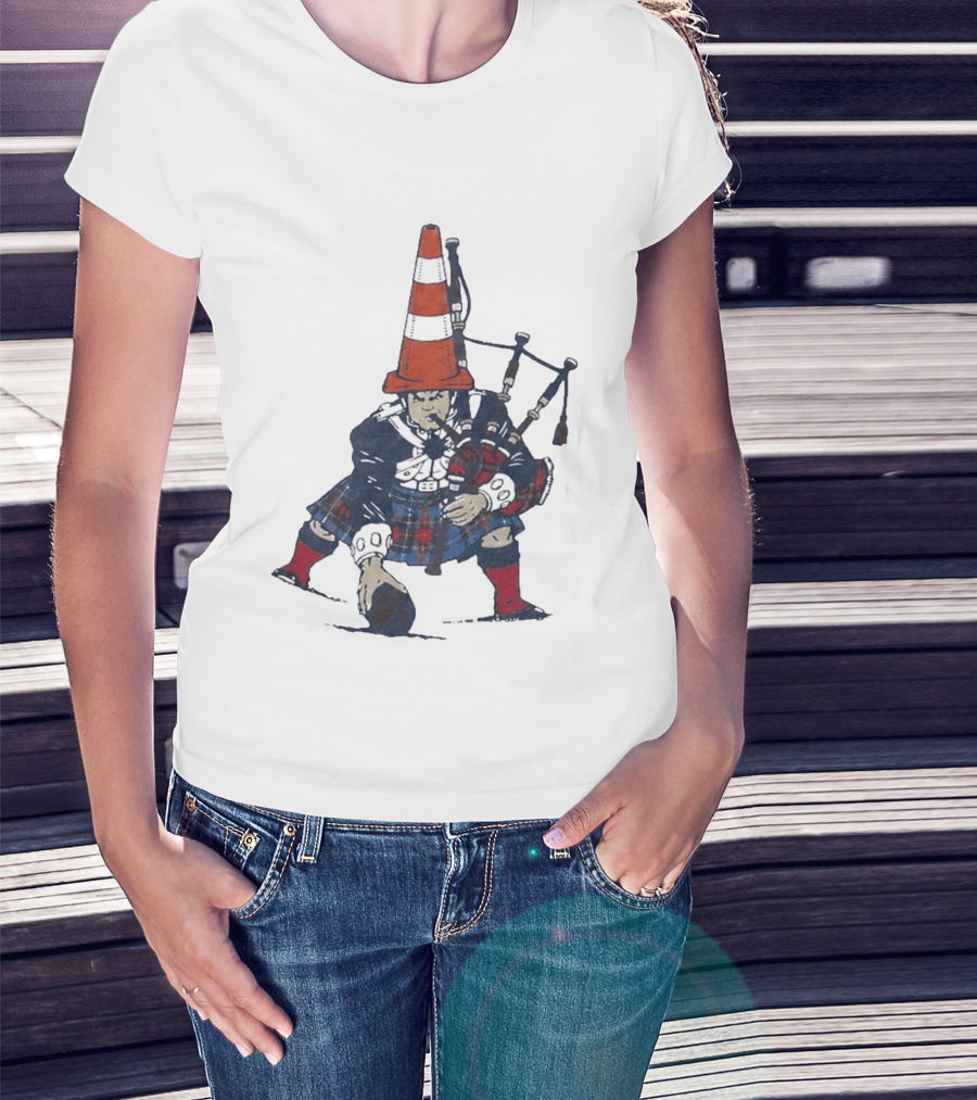 Bagpipes Player With Traffic Cone Hat Scottish Kilt Outfit T-Shirt