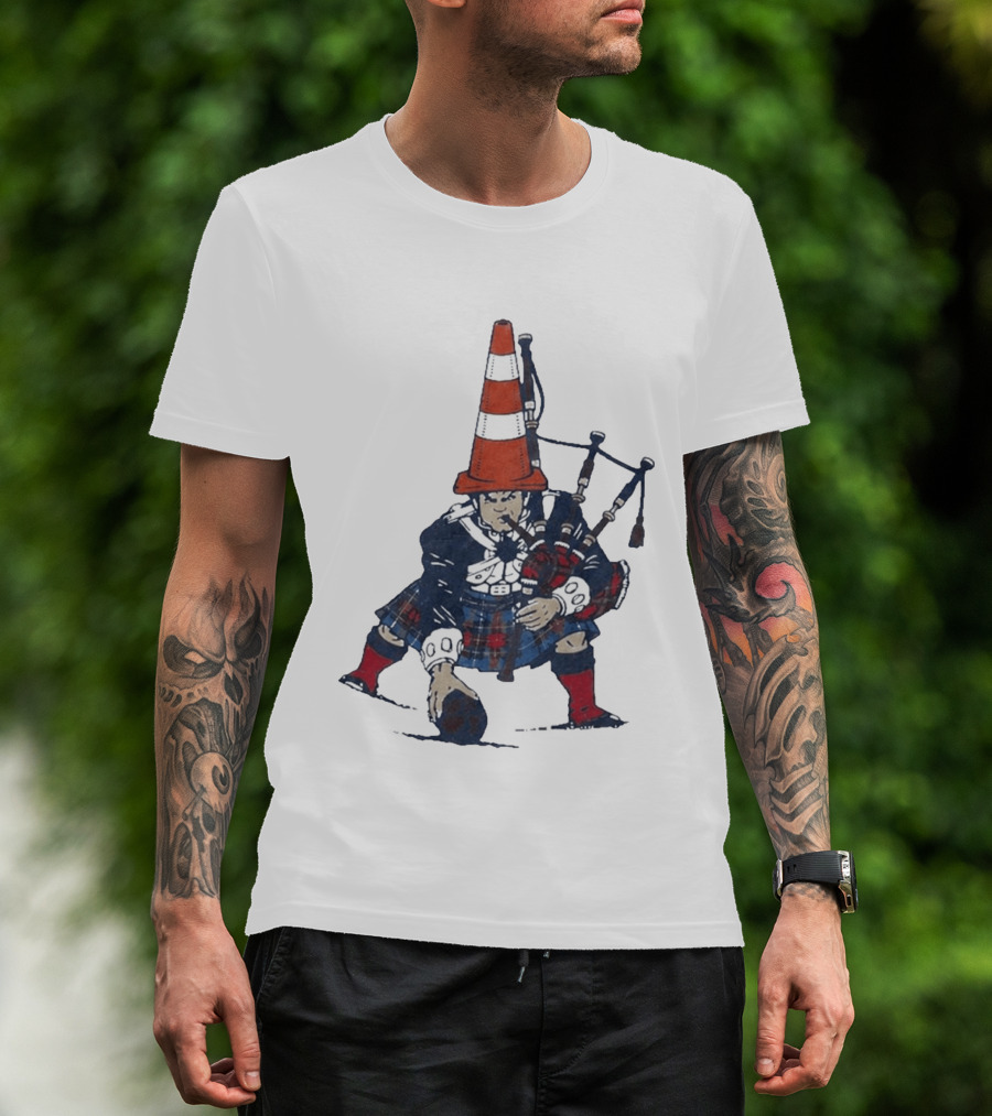 Bagpipes Player With Traffic Cone Hat Scottish Kilt Outfit T-Shirt