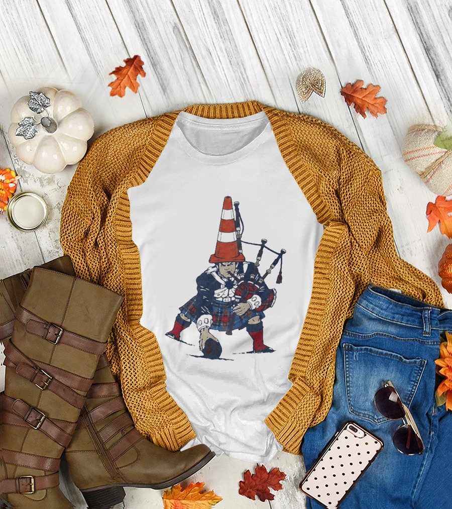 Bagpipes Player With Traffic Cone Hat Scottish Kilt Outfit T-Shirt