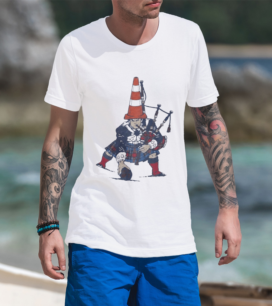 Bagpipes Player With Traffic Cone Hat Scottish Kilt Outfit T-Shirt