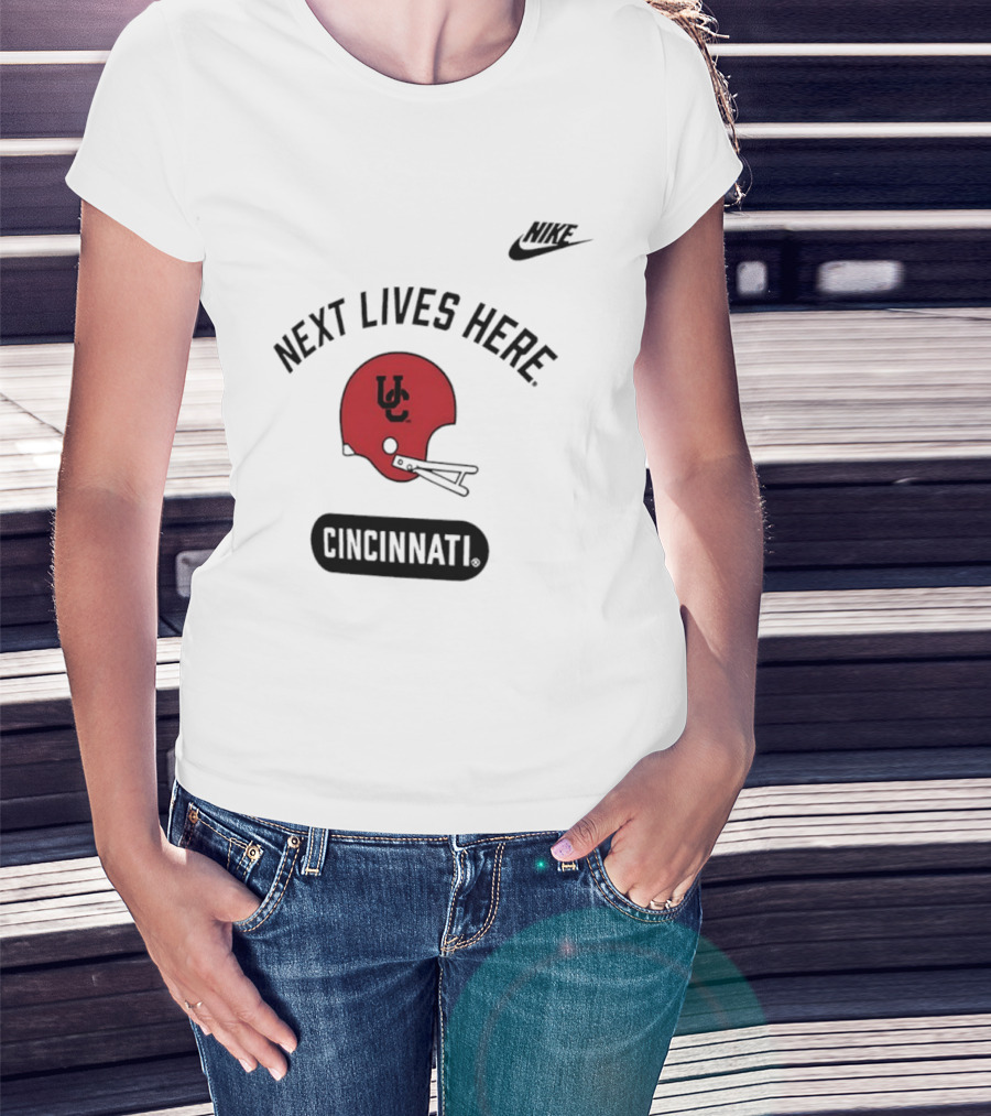 Next Lives Here Cincinnati UC Football Helmet Nike T-Shirt