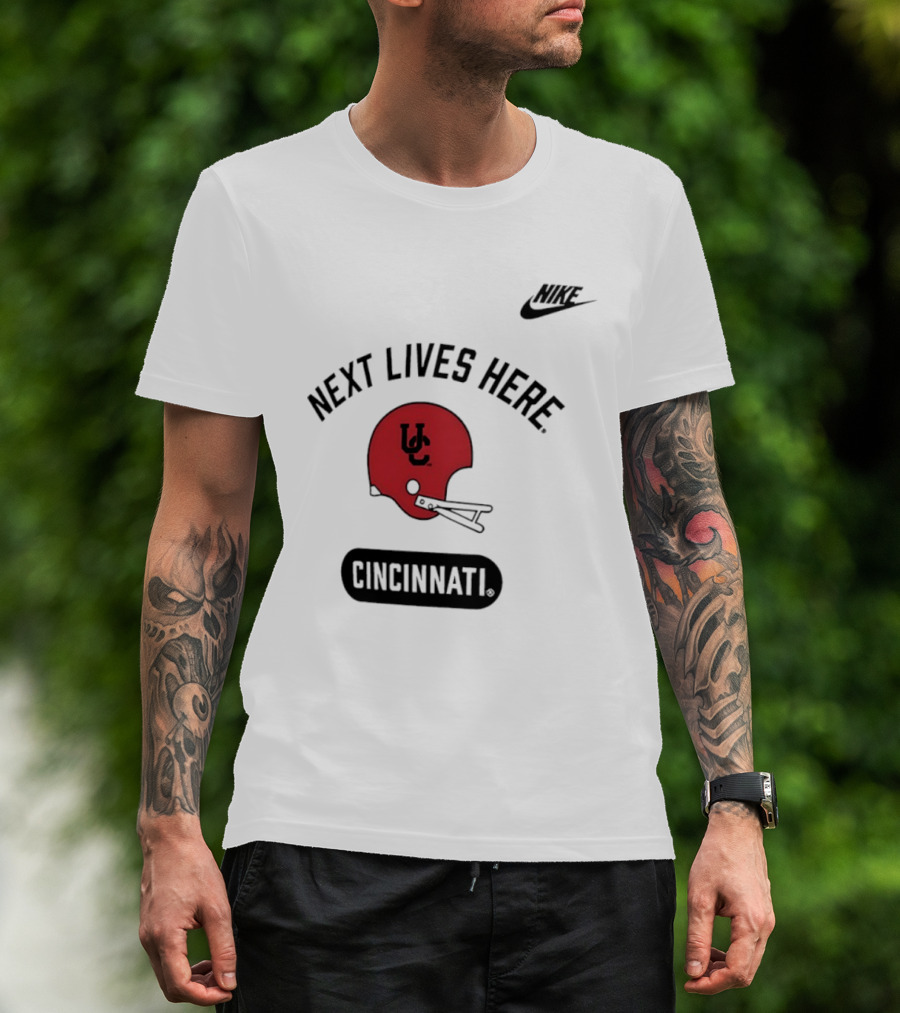Next Lives Here Cincinnati UC Football Helmet Nike T-Shirt