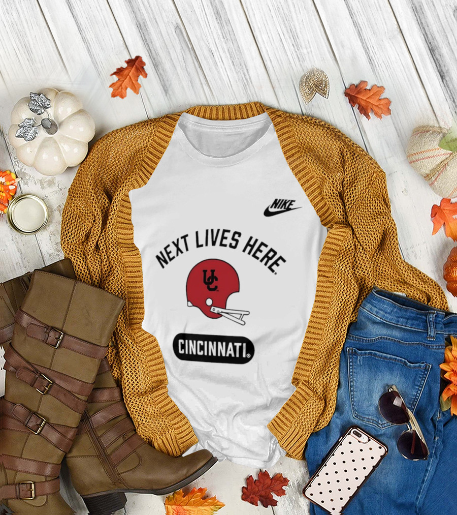 Next Lives Here Cincinnati UC Football Helmet Nike T-Shirt