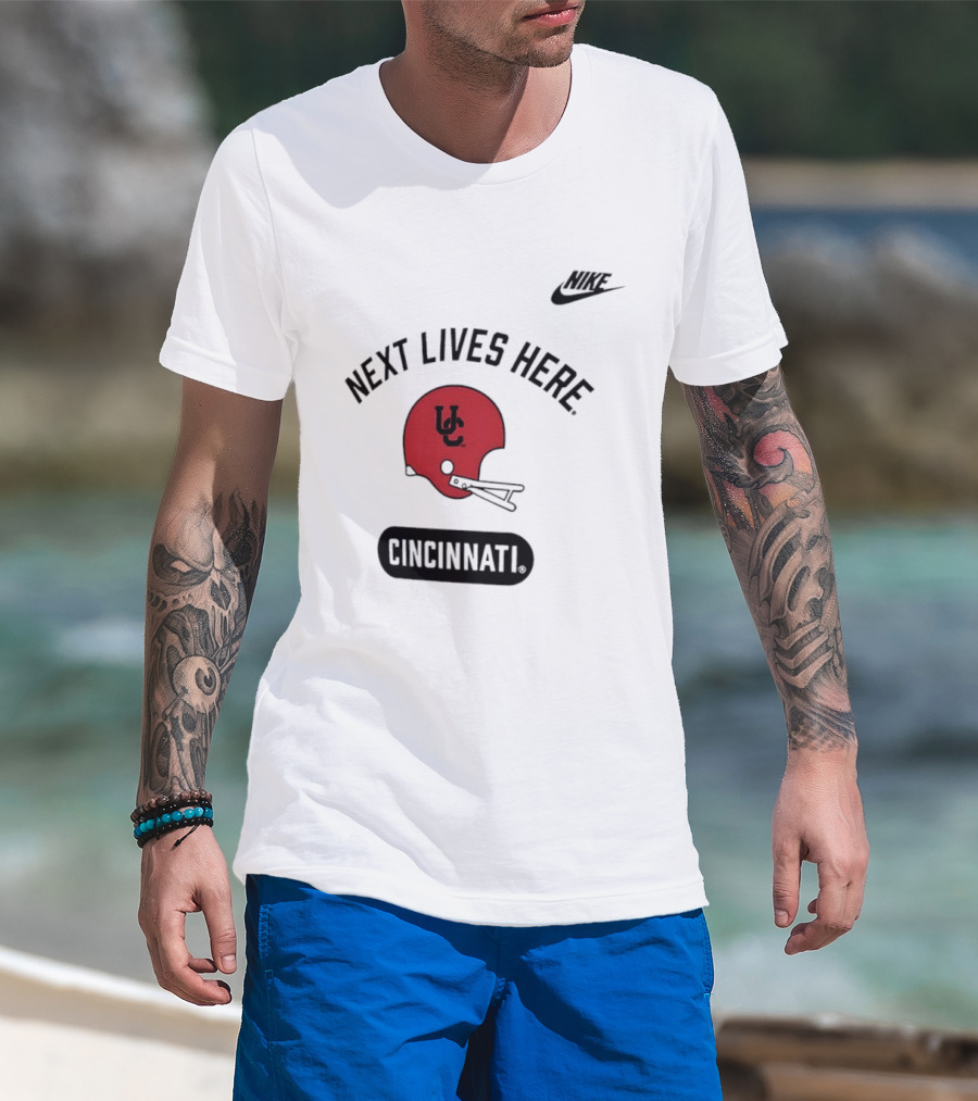 Next Lives Here Cincinnati UC Football Helmet Nike T-Shirt