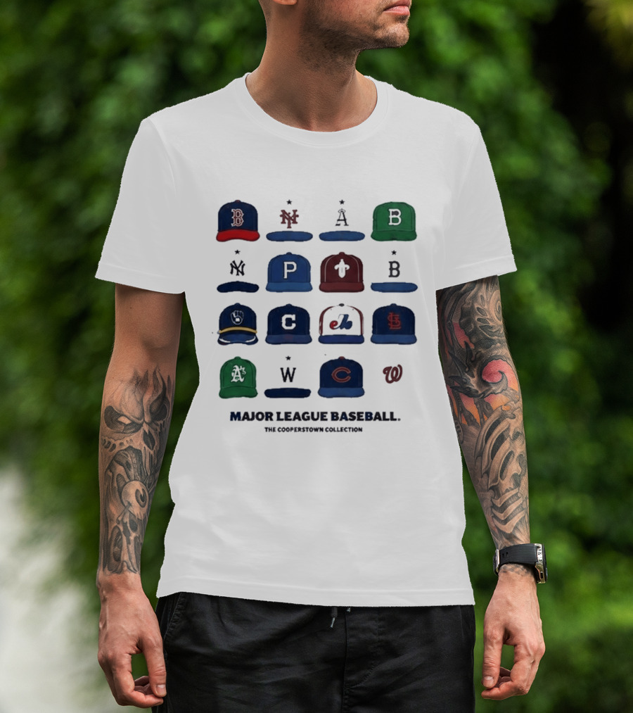 Major League Baseball Cooperstown Collection Cap Collage Featuring Historic Team Logos T-Shirt