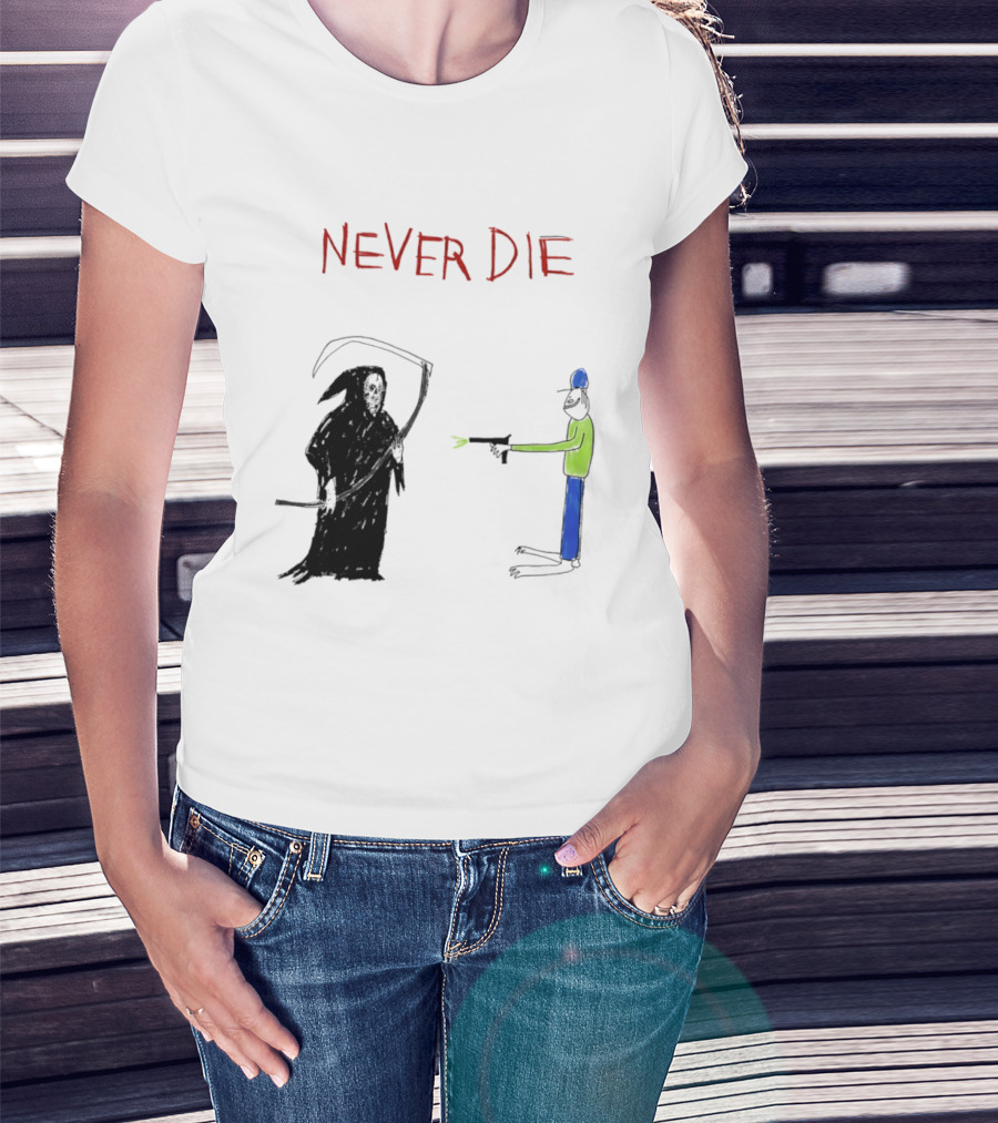 Never Die Grim Reaper Confronts Armed Man Drawing T-Shirt
