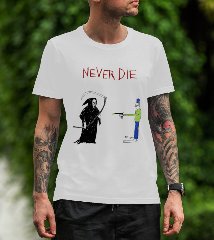 Never Die Grim Reaper Confronts Armed Man Drawing T-Shirt