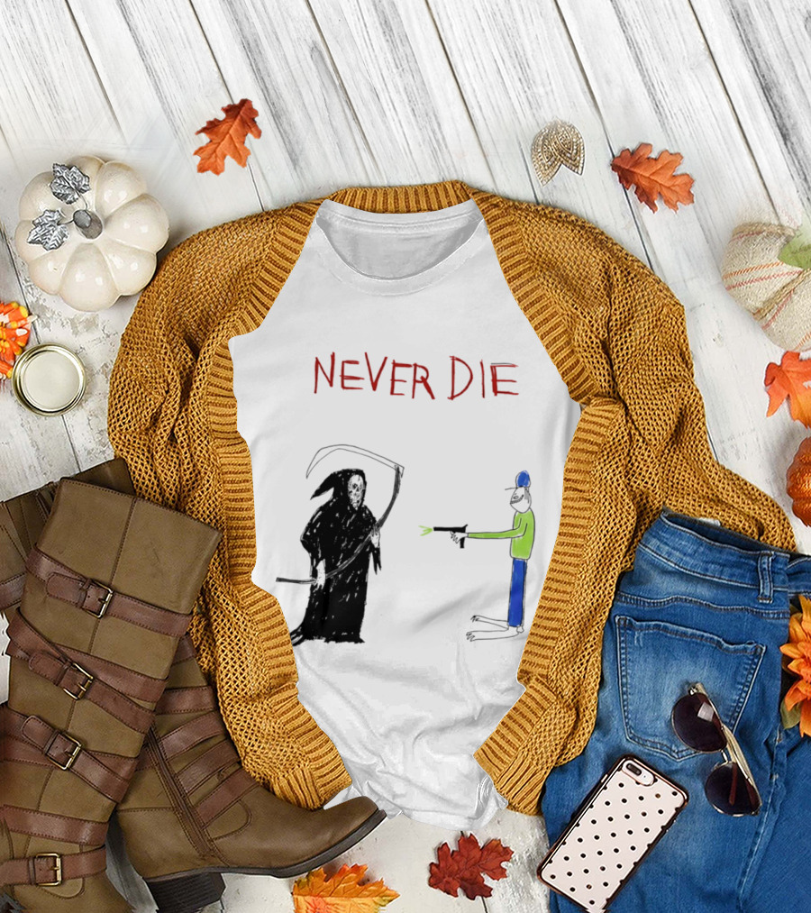 Never Die Grim Reaper Confronts Armed Man Drawing T-Shirt