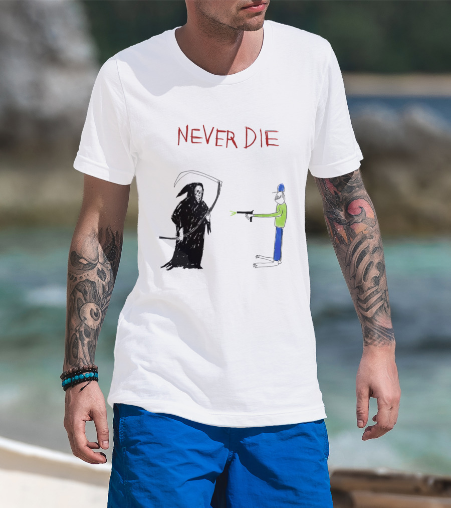 Never Die Grim Reaper Confronts Armed Man Drawing T-Shirt