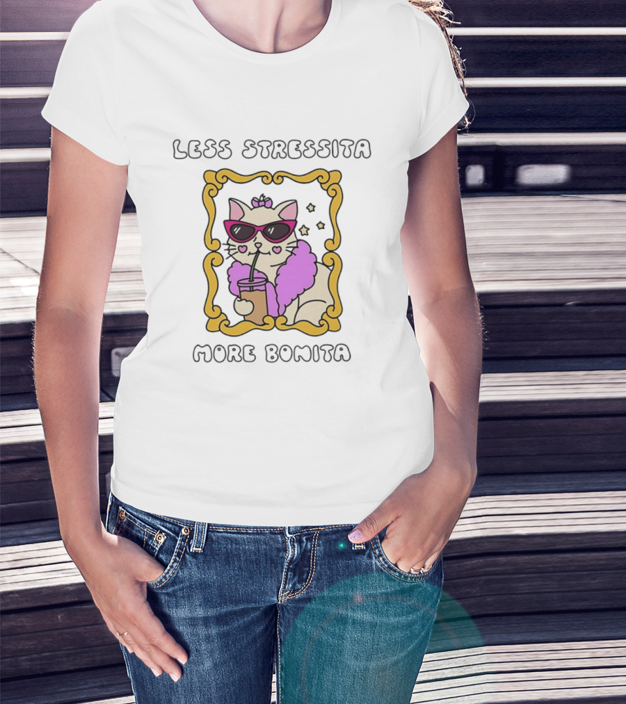 Less Stressita More Bonita Cat With Sunglasses And Drink Framed In Yellow Border T-Shirt