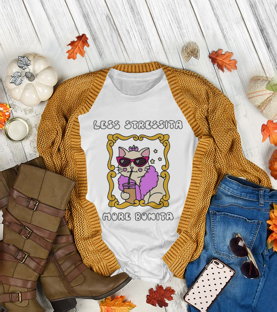 Less Stressita More Bonita Cat With Sunglasses And Drink Framed In Yellow Border T-Shirt