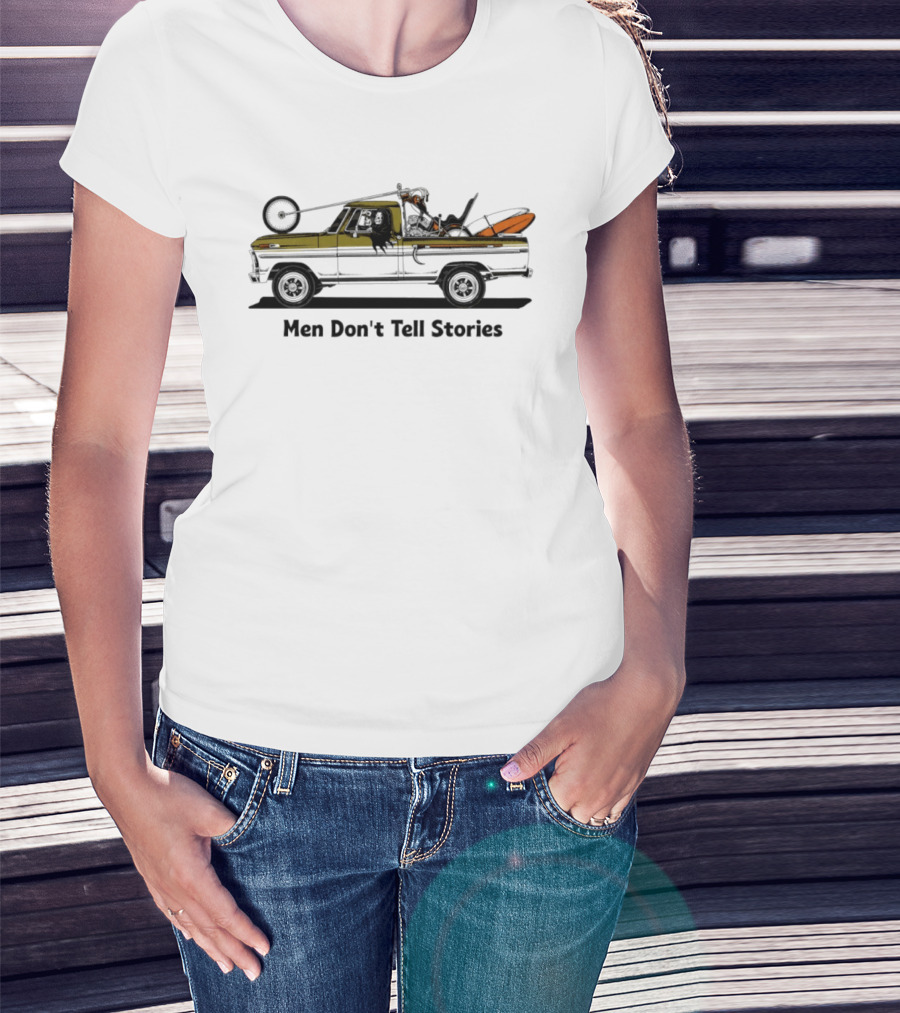 Men Don't Tell Stories Grim Reaper Chopper Motorcycle Truck Scene T-Shirt