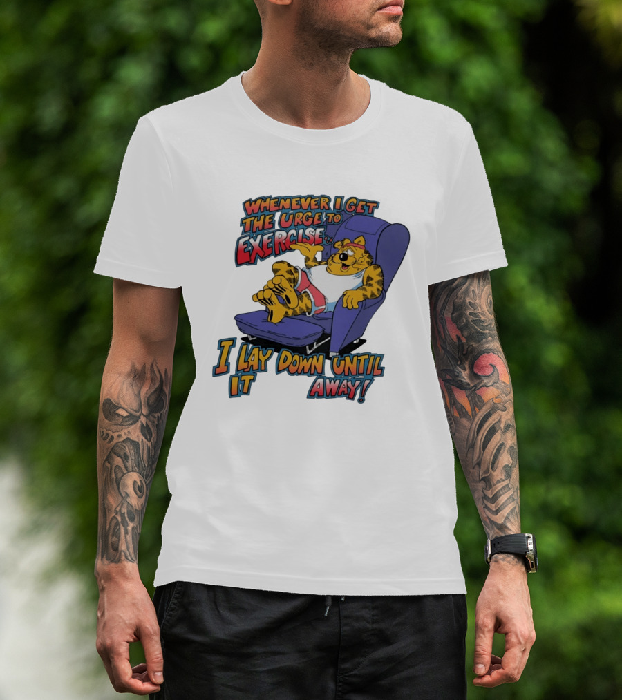 Whenever I Get The Urge To Exercise Cartoon Cat Lounging Until It Goes Away T-Shirt