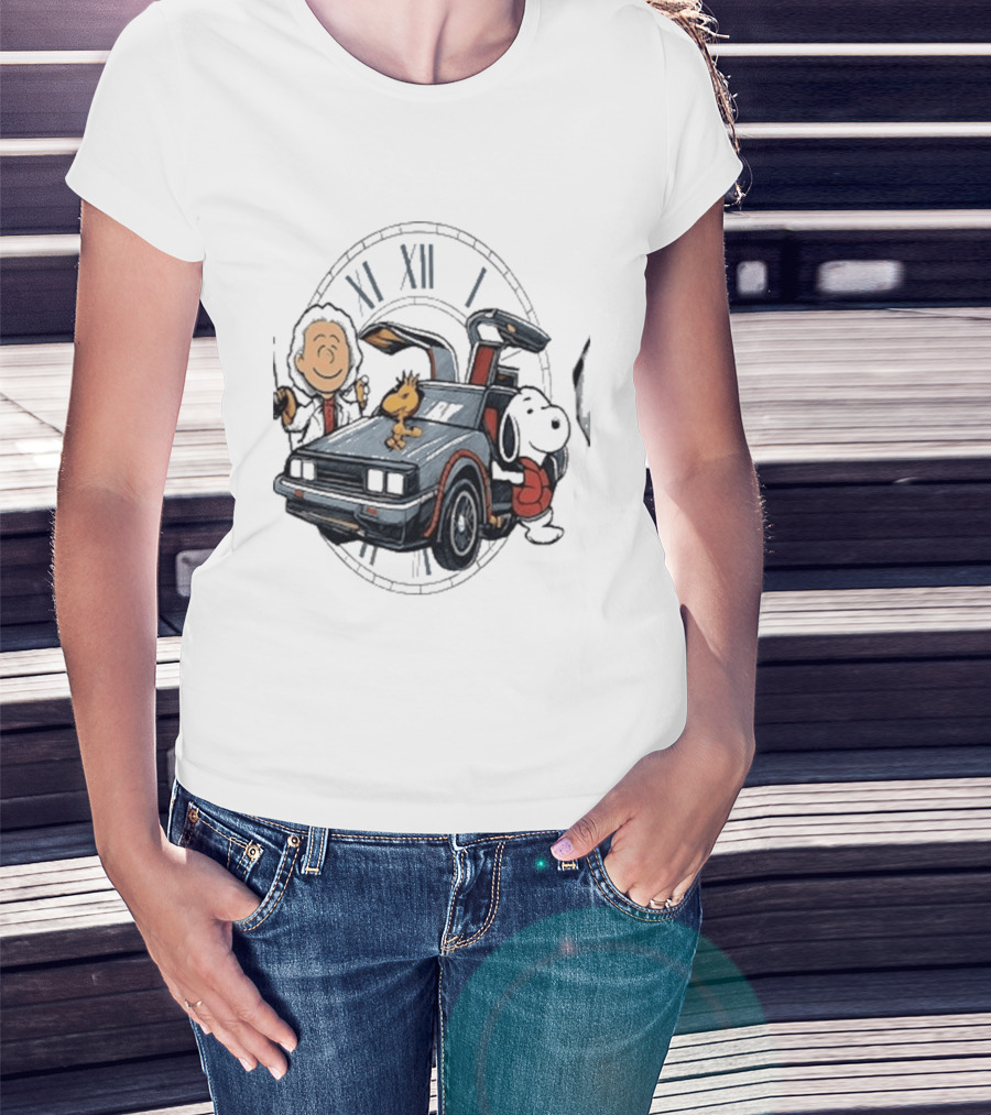 Peanuts Characters With DeLorean Time Machine And T-Shirt