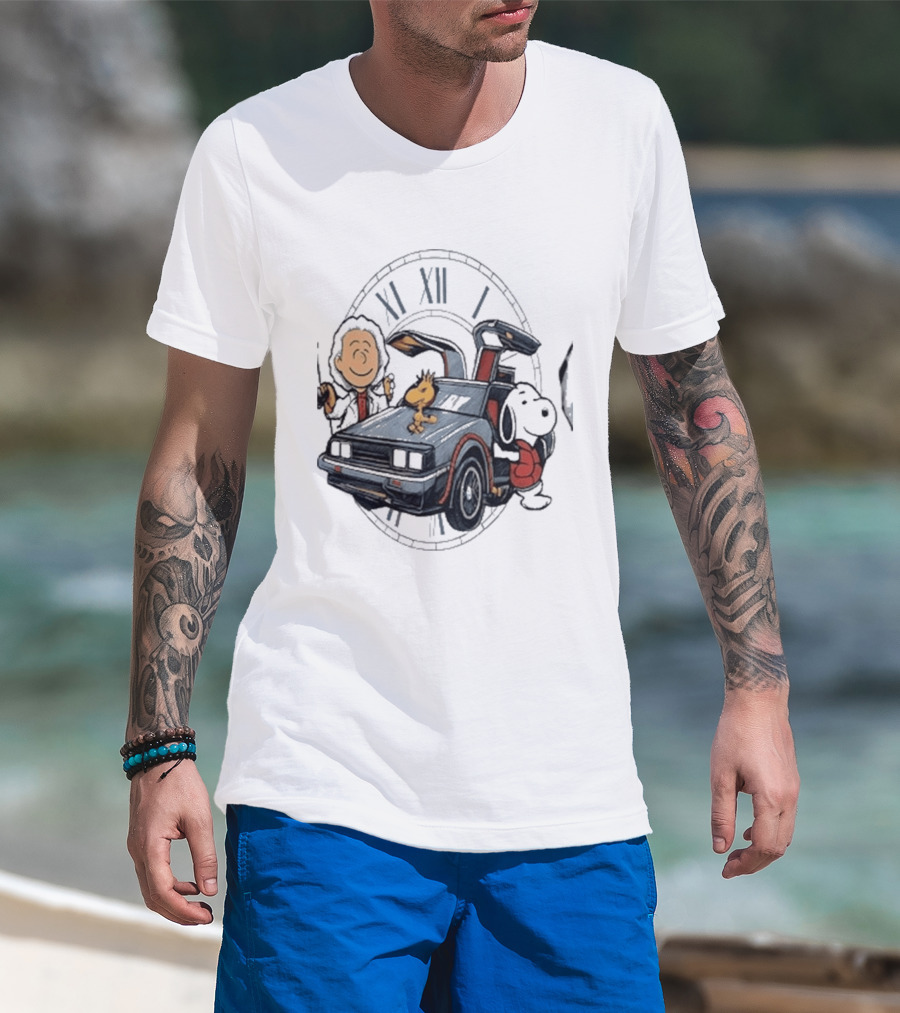 Peanuts Characters With DeLorean Time Machine And T-Shirt