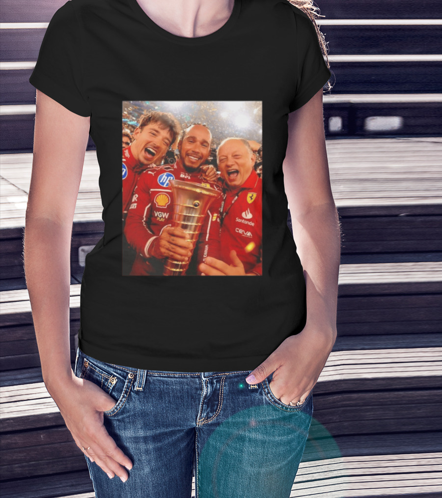 Charles Leclerc Lewis Hamilton Frederic Vasseur Ferrari Victory Celebration Trophy BP Shell Santander CEVA Racing T-Shirt