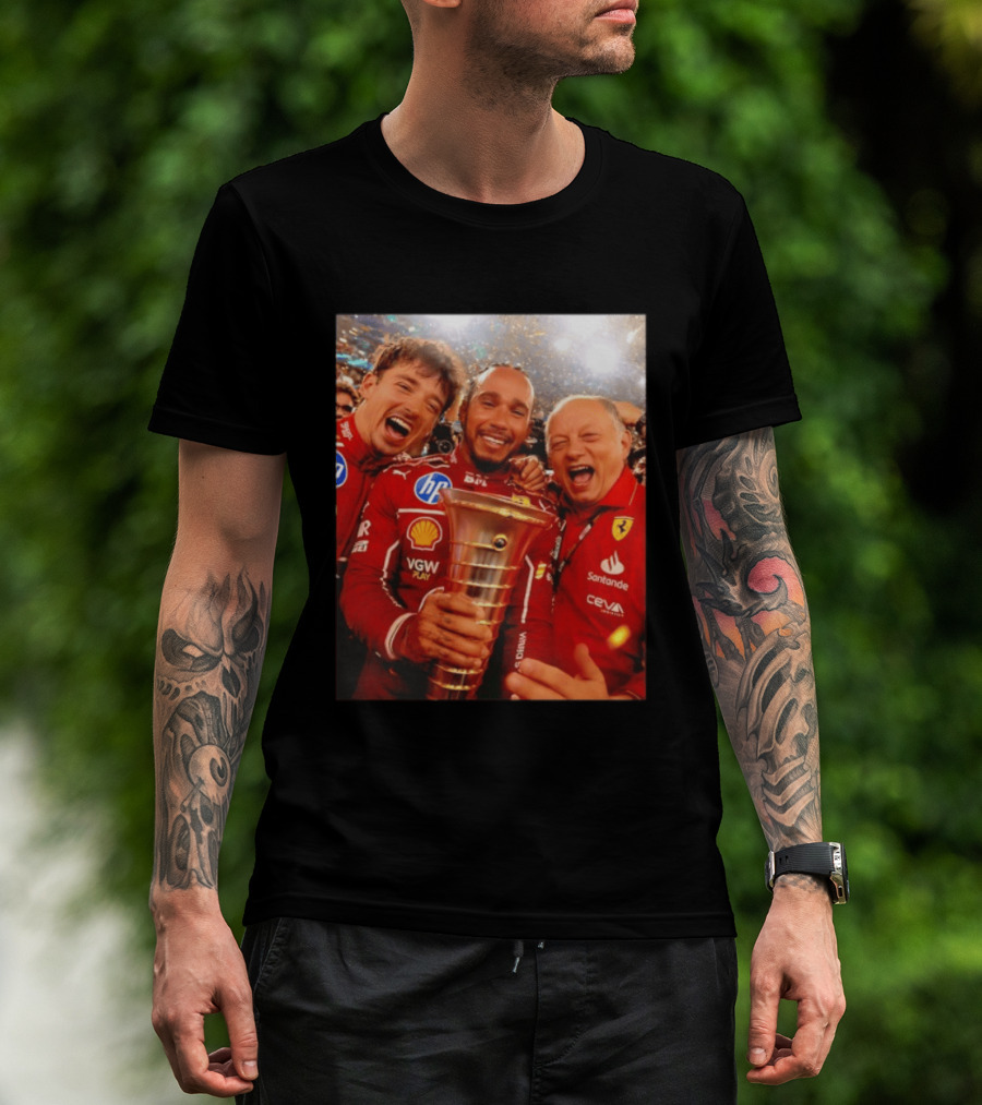 Charles Leclerc Lewis Hamilton Frederic Vasseur Ferrari Victory Celebration Trophy BP Shell Santander CEVA Racing T-Shirt