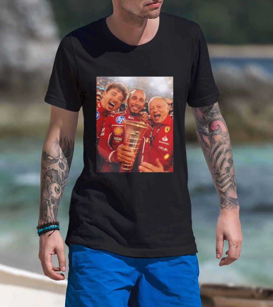Charles Leclerc Lewis Hamilton Frederic Vasseur Ferrari Victory Celebration Trophy BP Shell Santander CEVA Racing T-Shirt