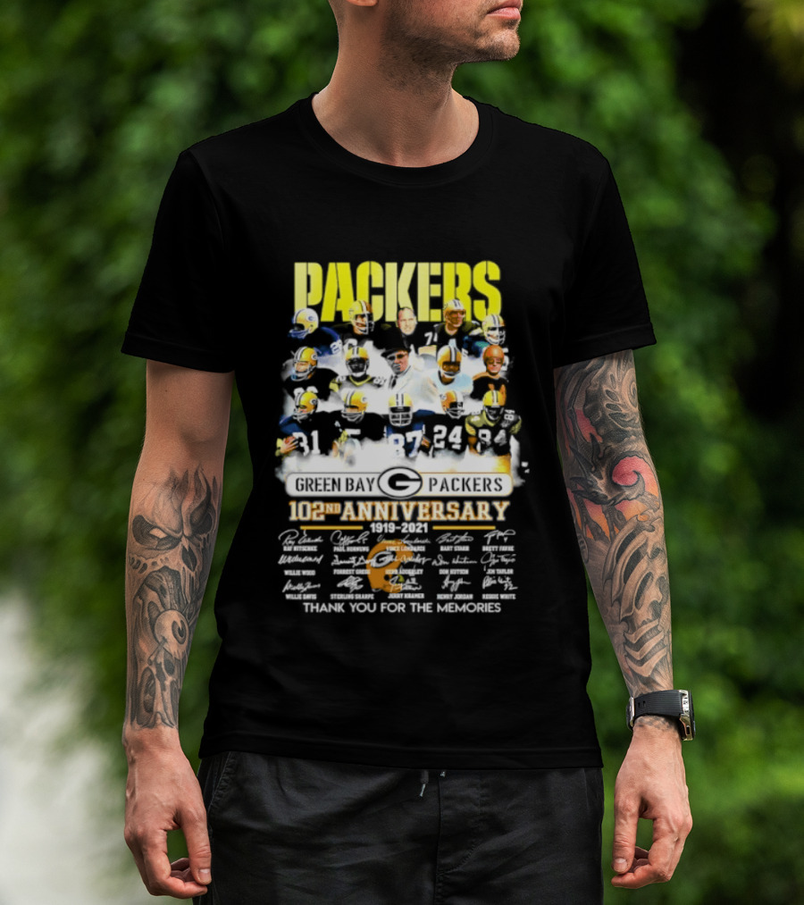 Green Bay Packers 102nd Anniversary 1919 2021 Thank You For The Memories Packers Legends Signatures Collection T-Shirt