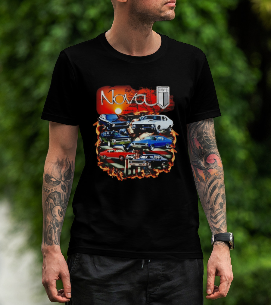 Nova Chevy II American Flag Muscle Car Collection Vintage Sunset T-Shirt