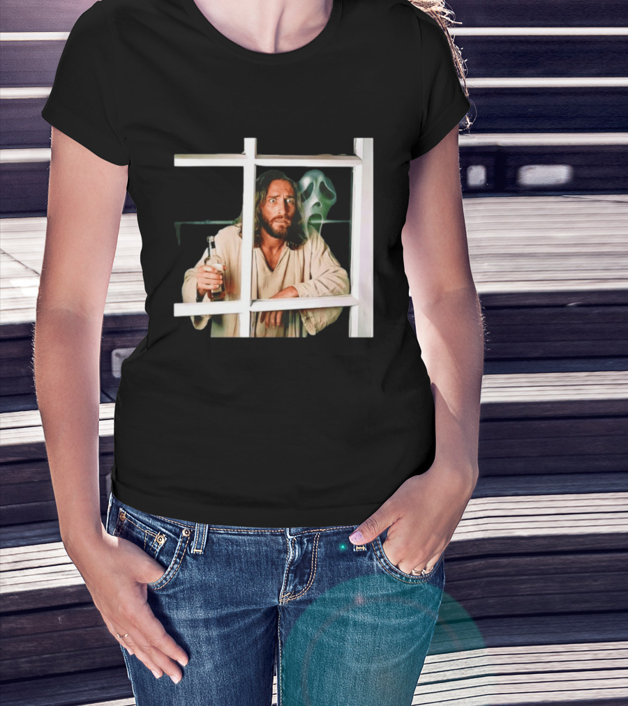 Jesus Drinking Whiskey With Ghostface Killer Behind Window T-Shirt
