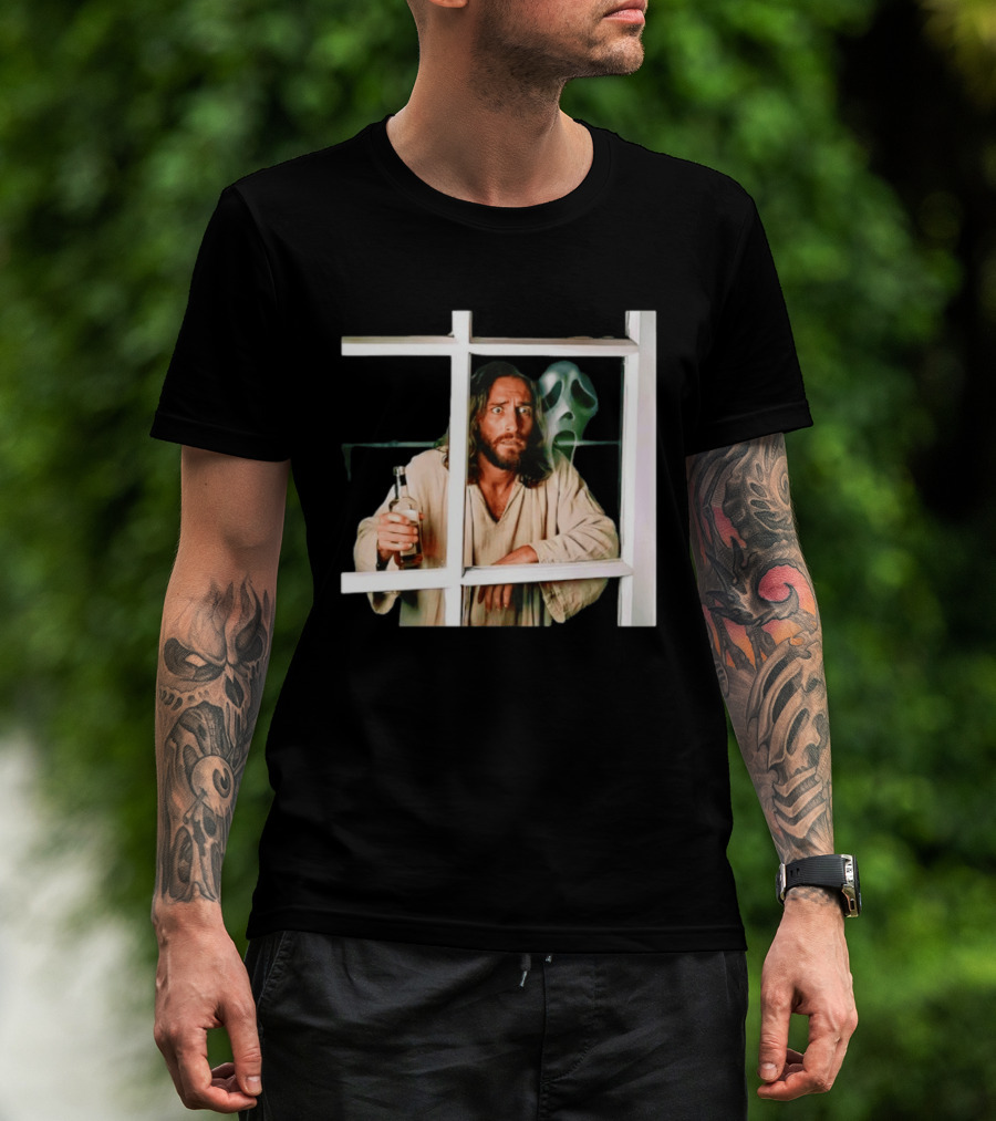 Jesus Drinking Whiskey With Ghostface Killer Behind Window T-Shirt
