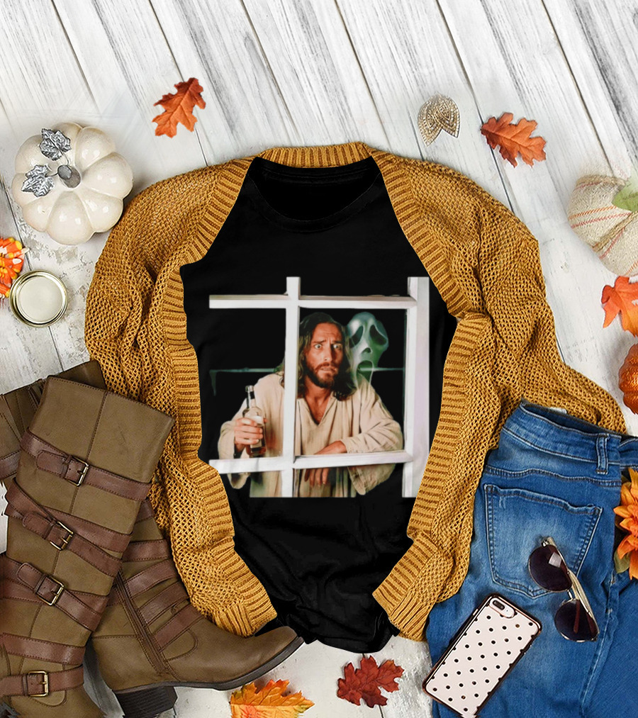 Jesus Drinking Whiskey With Ghostface Killer Behind Window T-Shirt