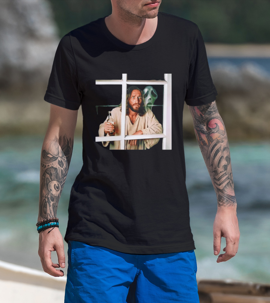 Jesus Drinking Whiskey With Ghostface Killer Behind Window T-Shirt