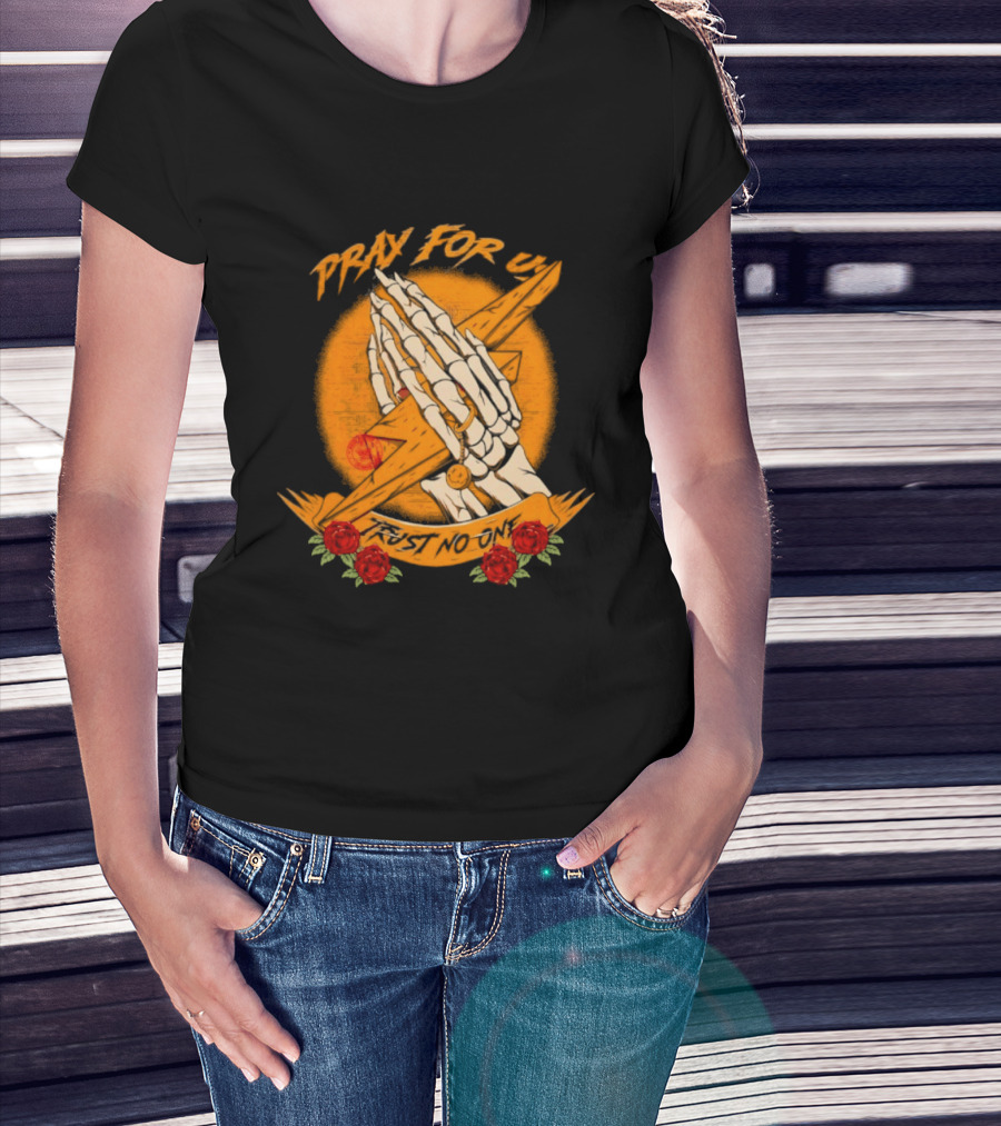 Pray For Us Trust No One Skeleton Hands Lightning Bolt Rose T-Shirt