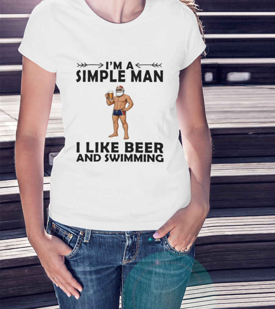 I'm A Simple Man I Like Beer And Swimming Funny Bearded Swimmer With Beer T-Shirt
