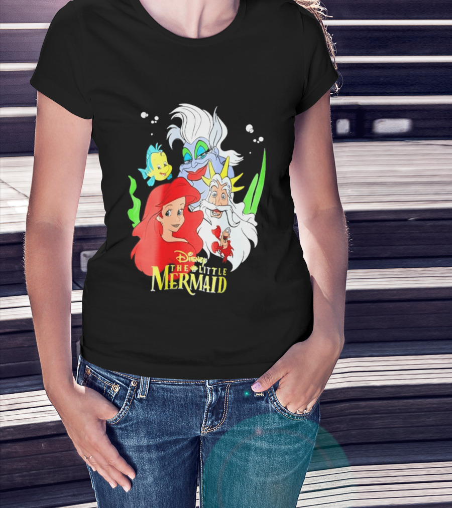 Disney The Little Mermaid Ariel Ursula King Triton Flounder Characters T-Shirt