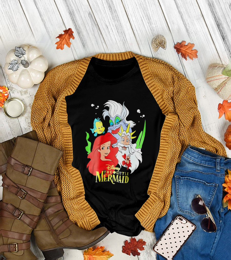 Disney The Little Mermaid Ariel Ursula King Triton Flounder Characters T-Shirt