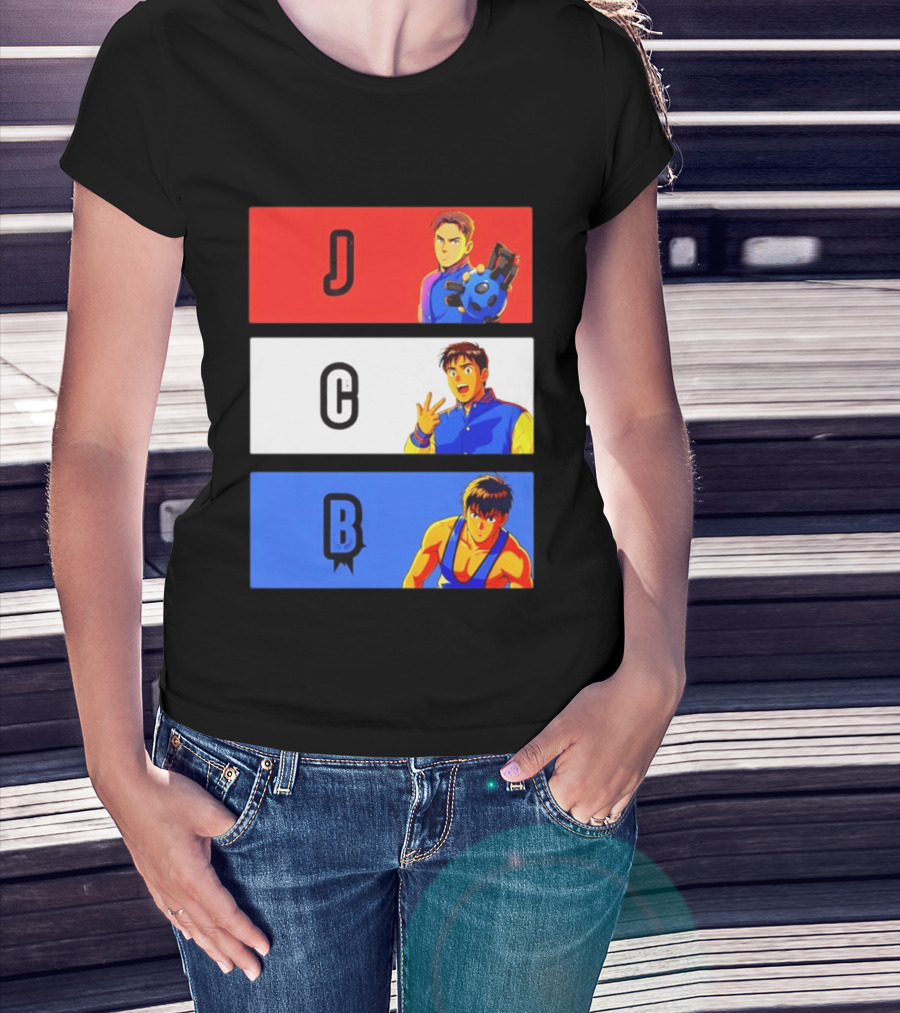 JCB Anime Characters Red White Blue Panels T-Shirt