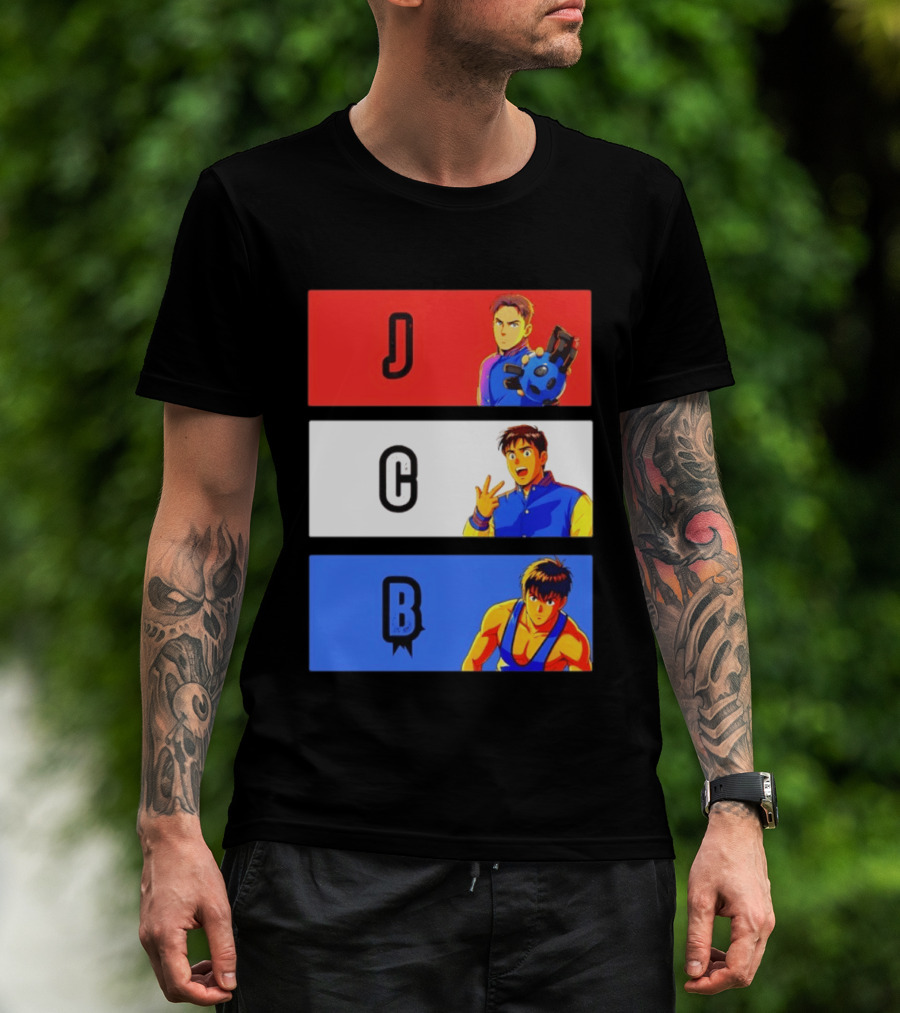 JCB Anime Characters Red White Blue Panels T-Shirt