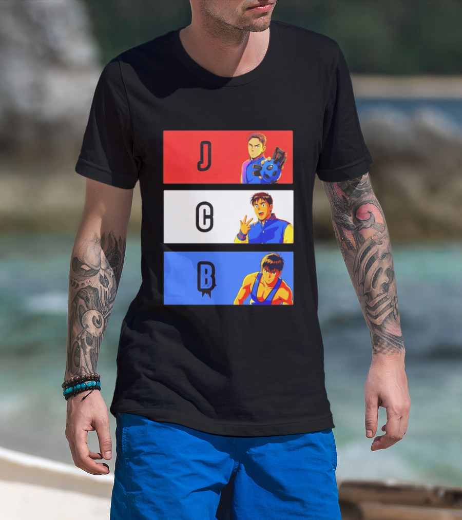 JCB Anime Characters Red White Blue Panels T-Shirt