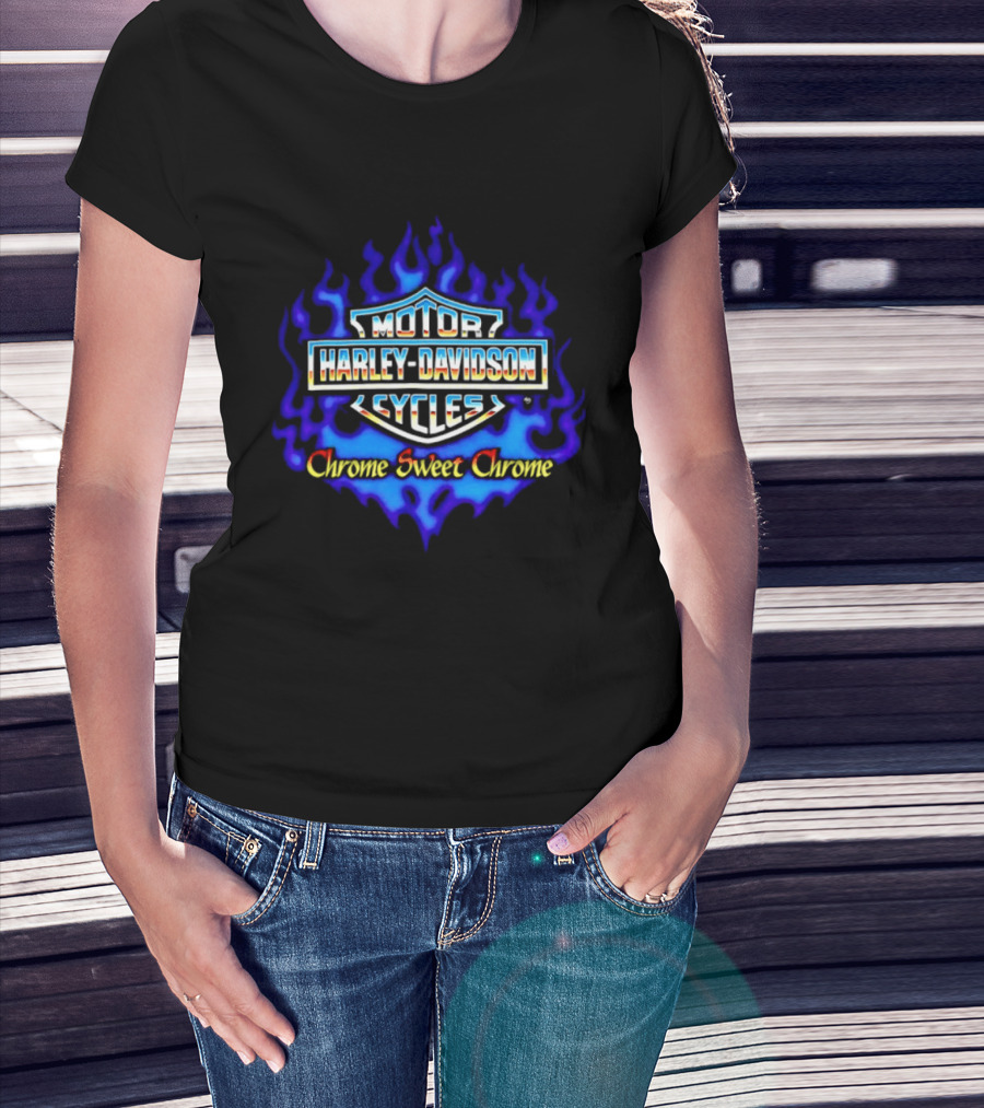 Harley Davidson Motor Cycles Chrome Sweet Chrome Blue Flames T-Shirt