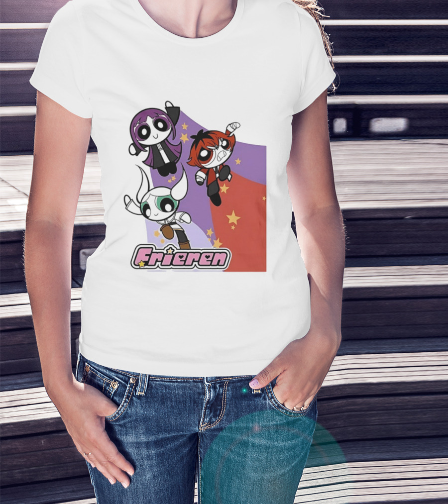 Frieren Characters In Powerpuff Girls Style With Stars T-Shirt