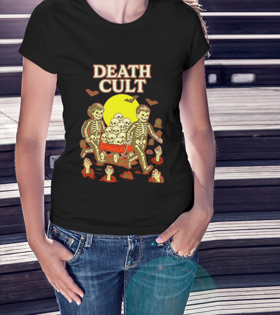 Death Cult Skeleton Kids Hauling Skull Filled Wagon With Rising Hands And Bats T-Shirt