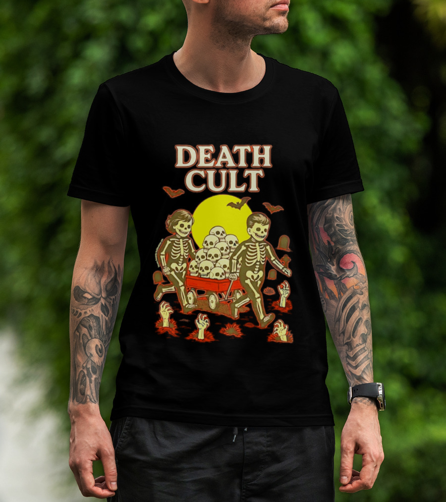 Death Cult Skeleton Kids Hauling Skull Filled Wagon With Rising Hands And Bats T-Shirt