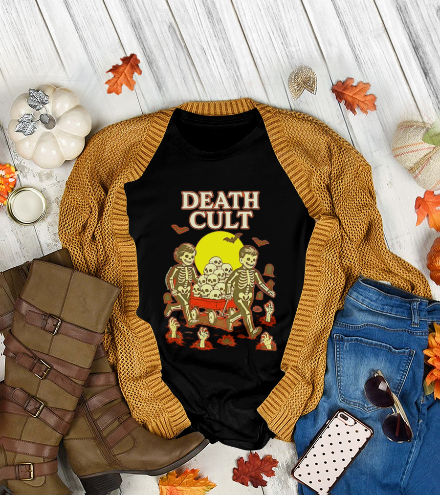 Death Cult Skeleton Kids Hauling Skull Filled Wagon With Rising Hands And Bats T-Shirt