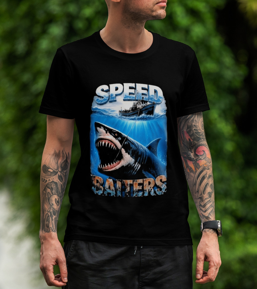 Speed Baiters Shark With Boat And Ocean T-Shirt