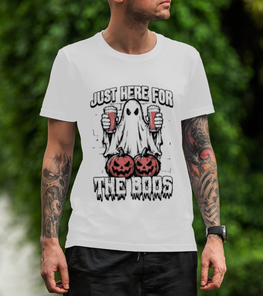 Just Here For The Boos Ghost With Beers And Pumpkins Halloween T-Shirt
