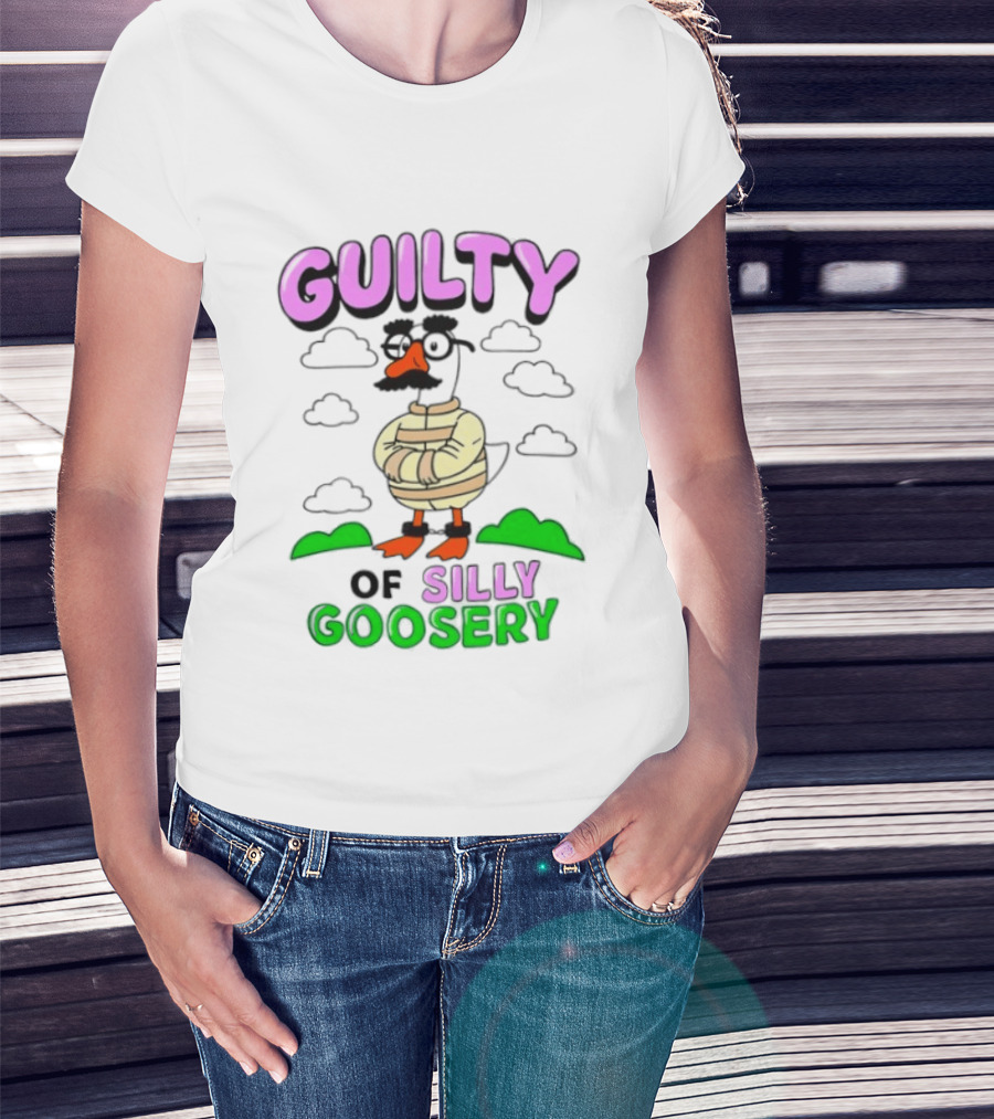 Guilty Of Silly Goosery Cartoon Goose In Striped Suit T-Shirt
