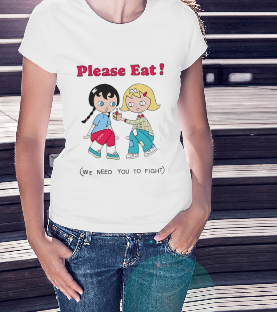 Please Eat We Need You To Fight Vintage Anime Style Cartoon Characters Sharing Food T-Shirt