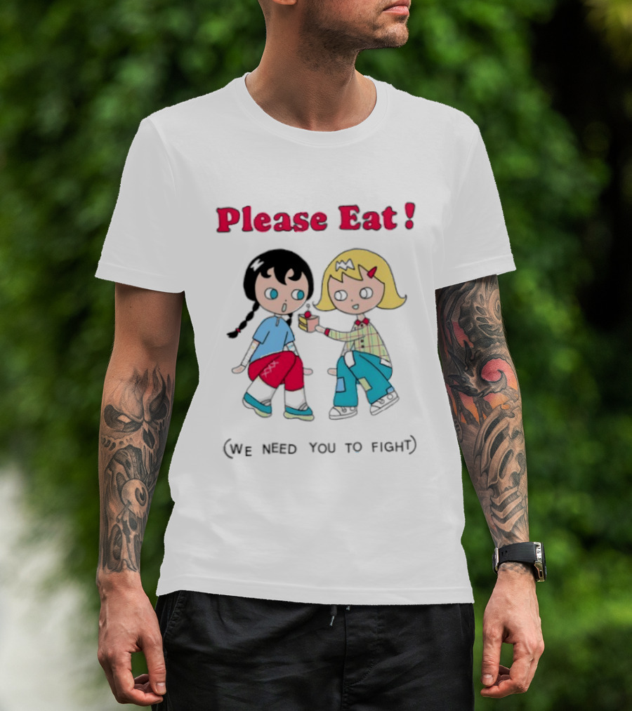 Please Eat We Need You To Fight Vintage Anime Style Cartoon Characters Sharing Food T-Shirt