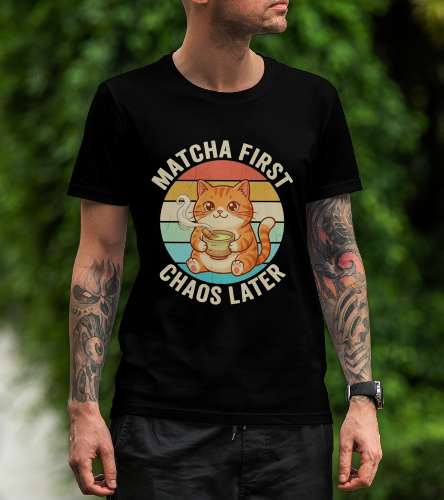 Matcha First Chaos Later Cat Retro Stripes Tea T-Shirt